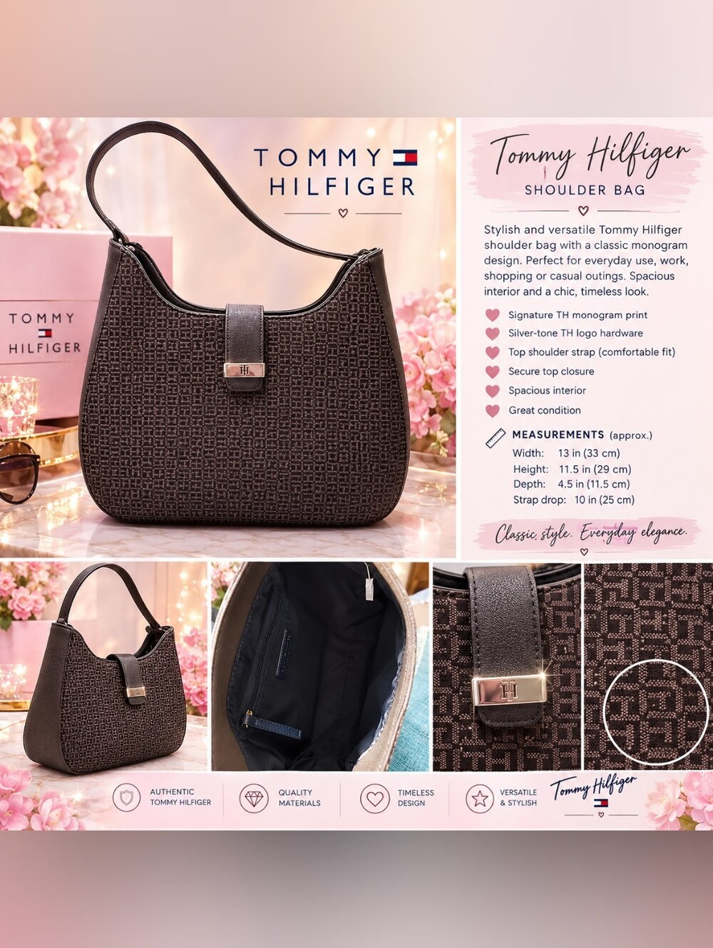 Tommy Hilfiger Dark Brown Monogram Hobo Shoulder Bag
